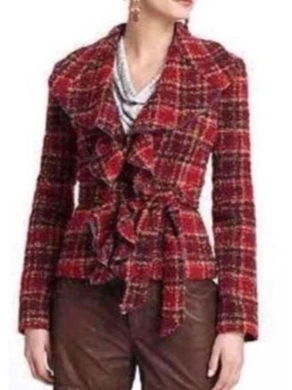 Anthropologie Tabitha Ruffled Plaid Wool Blend Jacket Tweed Belted Blazer Size 4